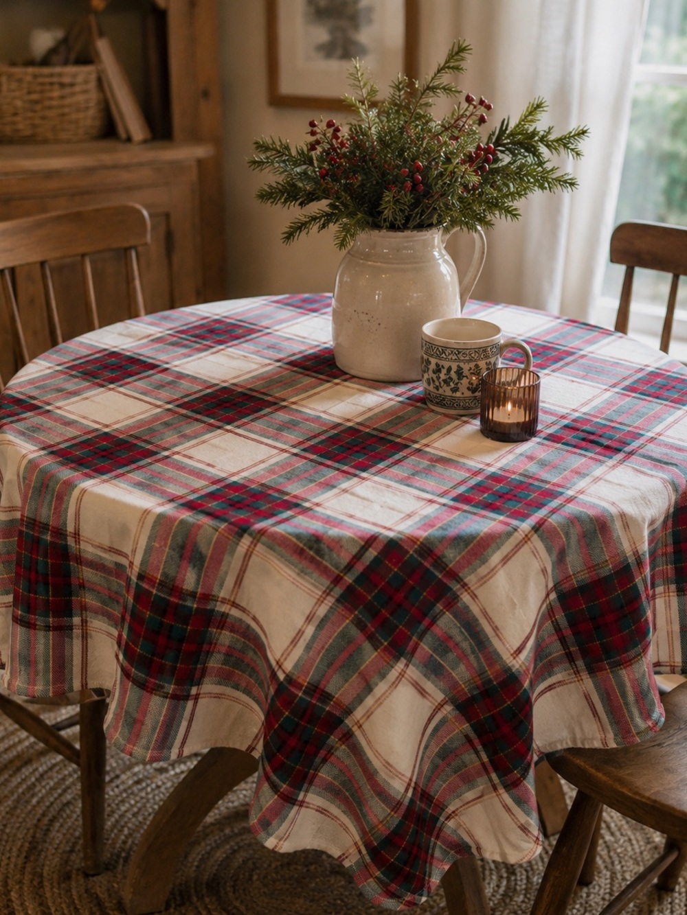Vintage Round Plaid Tablecloth 70” & 4 Matching Placemats Christmas Cottage Set